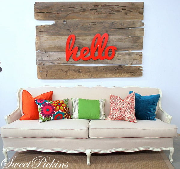 Sweet Pickins hello sign and couch