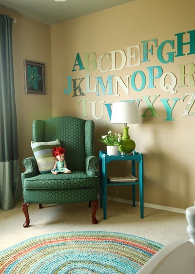 Girls Bedroom with stenciled wall and crown cornice canopy bed blue and green (3)