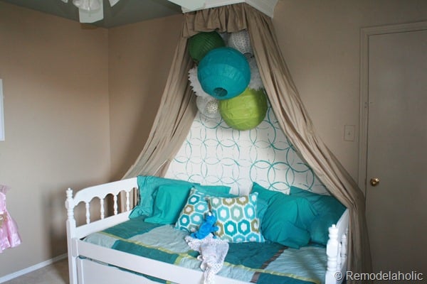 Girls Bedroom with stenciled wall and crown cornice canopy bed blue and green (8)