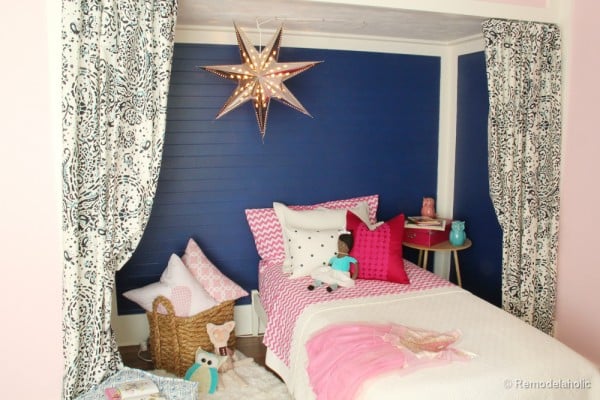 Pink and Navy Girls bedroom with bed nook