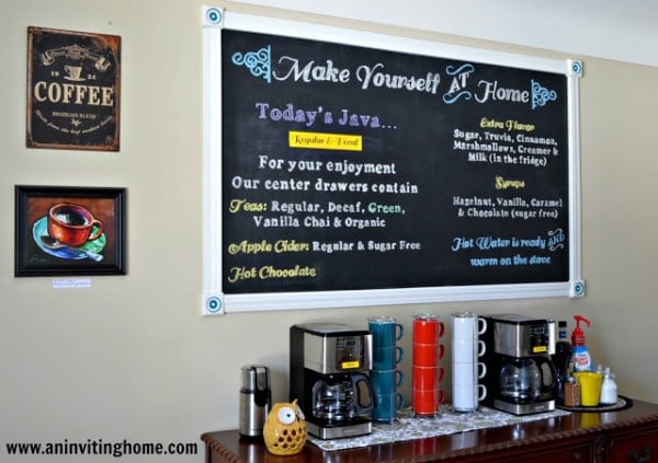 self-serve coffee bar with chalkboard menu