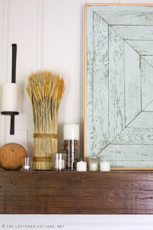 fall mantel with weathered wood and wheat, The Lettered Cottage