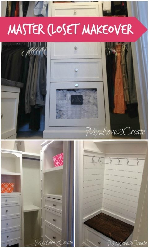 Amazing master closet makeover! storage towers, built-in laundry hampers, and a mudroom-style bench with a drawer! MyLove2Create on Remodelaholic.com