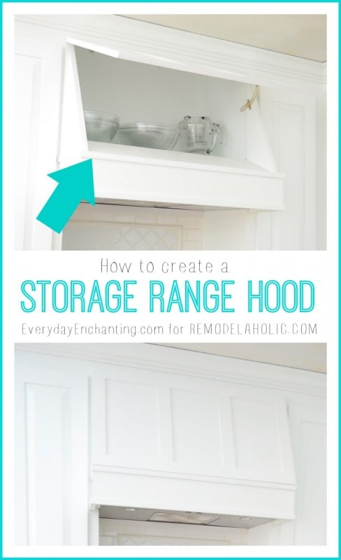 How to create a Custom Storage Range Hood via @Remodelaholic #kitchenstorage #whitekitchen #DIYkitchen #rangehood