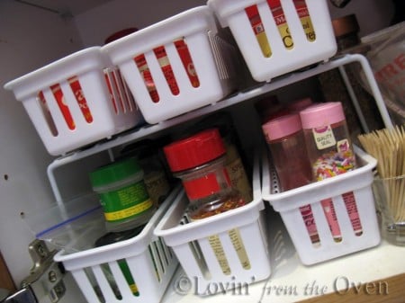 dollar store baskets and wire rack to organize spices, Frieda Loves Bread