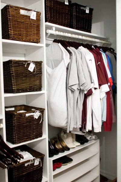 master closet makeover with baskets on Remodelaholic.com