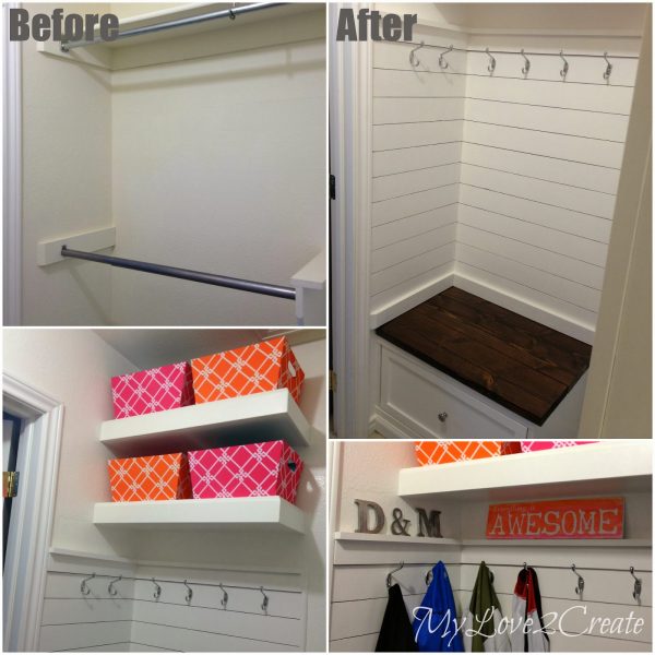 master closet mudroom area with plank wall and hooks, My Love 2 Create on Remodelaholic