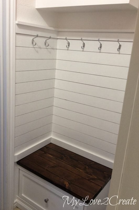 master closet plank wall and bench, My Love 2 Create on Remodelaholic
