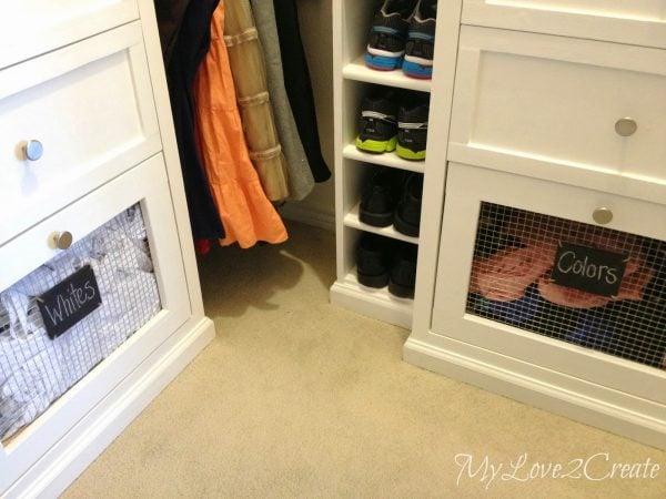 master closet with built-in laundry hampers, My Love 2 Create on Remodelaholic