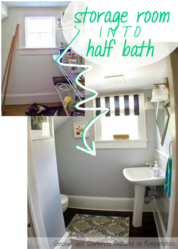 Complete Remodel! Storage Room Into Half Bath | Seesaws and Sawhorses via Remodelaholic.com