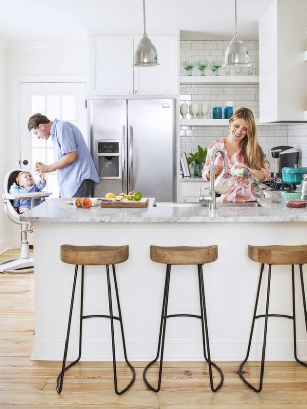 peninsula P shaped kitchen layout in white and rustic wood via HGTV