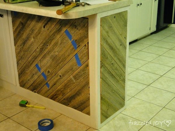 dry fit diagonal planked kitchen island accent pieces, Frazzled Joy on Remodelaholic