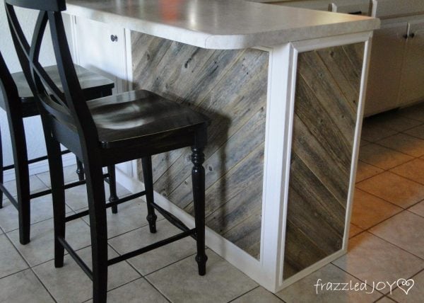 finished reclaimed wood diagonal planked kitchen island, Frazzled Joy on Remodelaholic