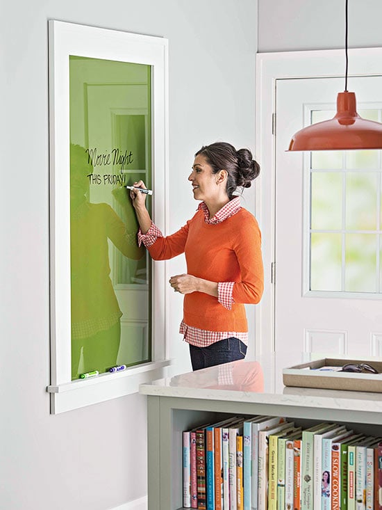 Build a large glass dry erase board -- free plans on Remodelaholic.com #messageboard #organized #buildingplan