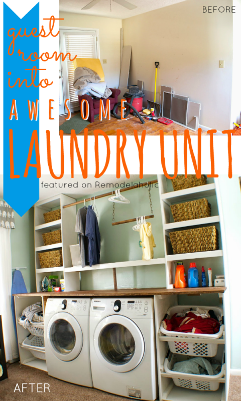 Guest Room into Built-in Laundry Unit | Seesaws and Sawhorses on Remodelaholic.com #laundryroom #DIY #organization