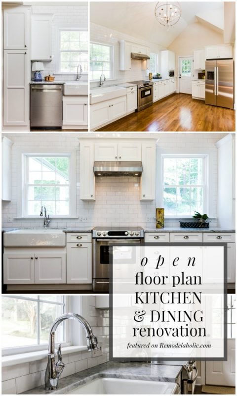 Open Floor Plan White Kitchen and Dining Room Renovation featured on Remodelaholic