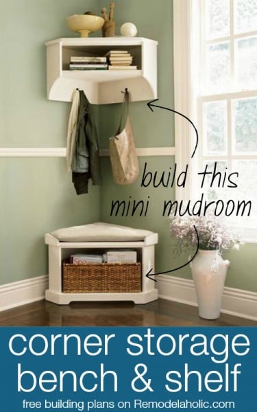 Build a Mini Mudroom Corner Bench and Shelf with Storage @Remodelaholic